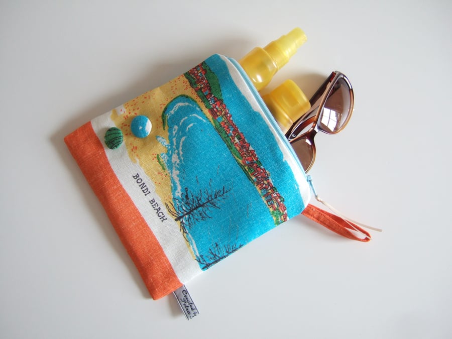 Bondi beach Sydney. Vintage tea towel man bag, zip up purse or cosmetics bag.