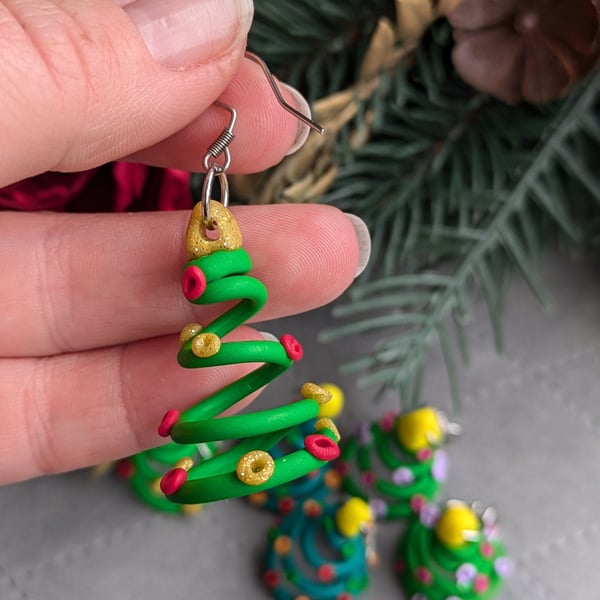 Fun Christmas Tree Earrings. Polymer Clay Tree Earrings. Festive Jewellery