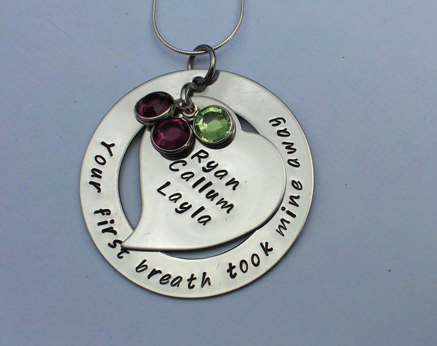Your first breath took mine away hand stamped personalised necklace large