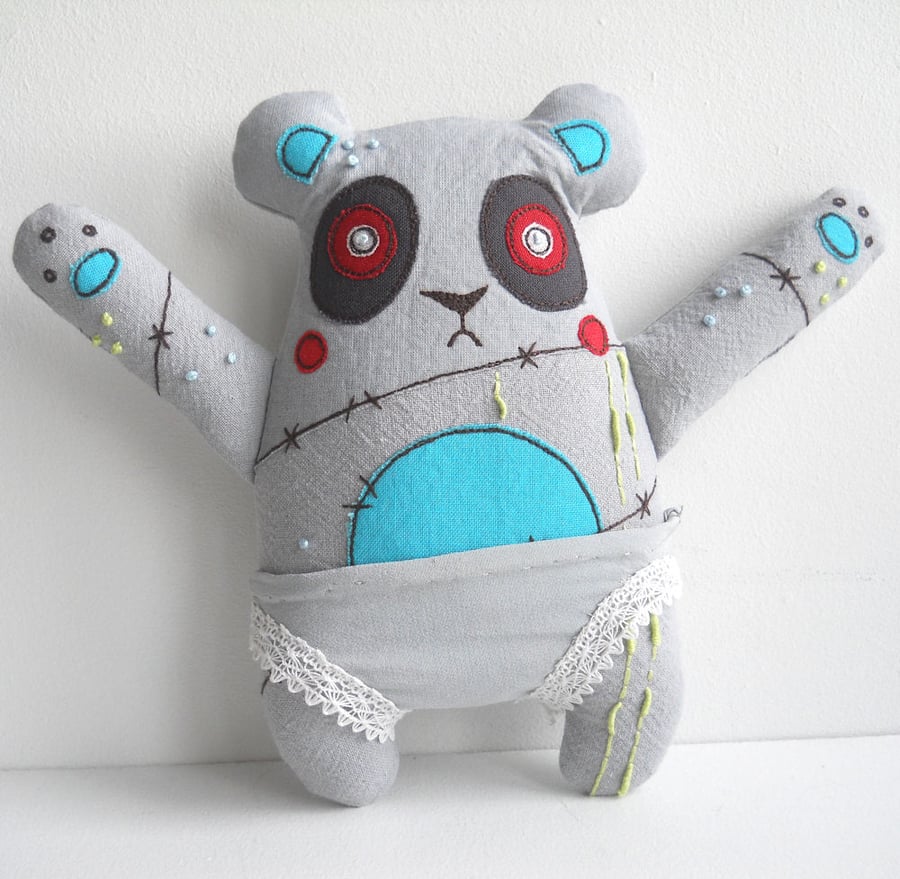 free motion and hand embroidered zombie panda in silk knickers - turquoise
