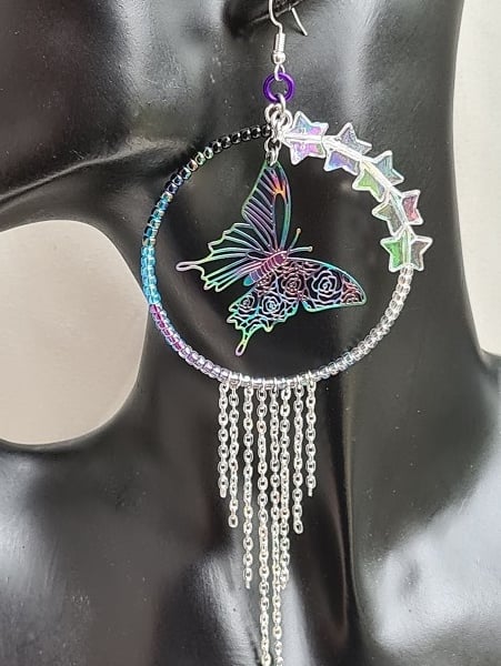 Large Dangly Earrings - Rainbow Butterflies and Stars - Style B