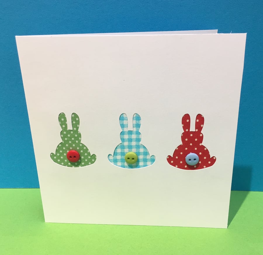 3 Little Bunnies Card - Rabbits with Button Tails - Easter Card