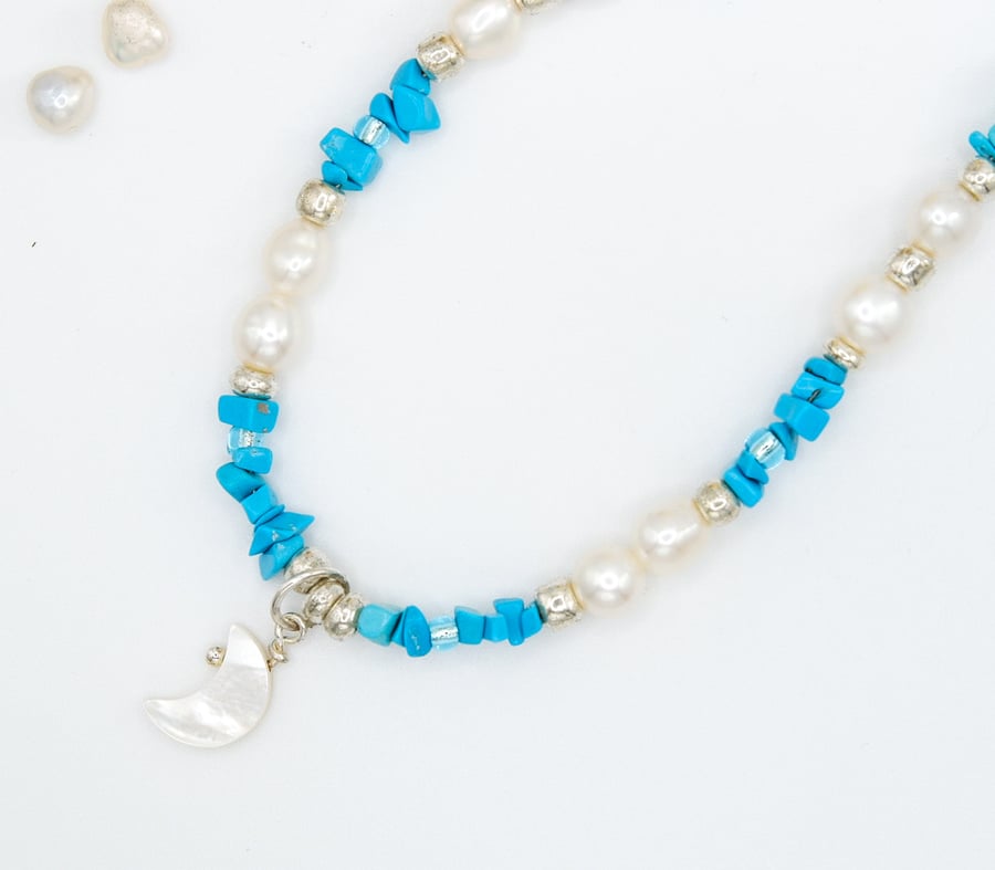 Celestial Turquoise Freshwater Pearl & Mother of Pearl Crescent Moon Necklace