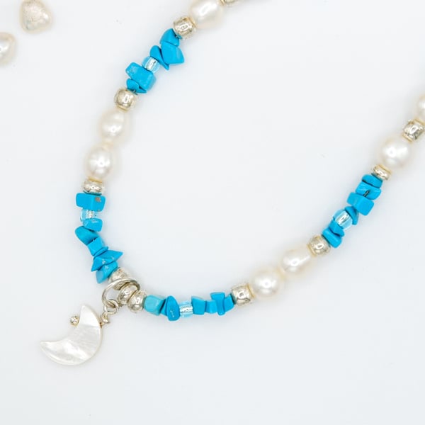 Celestial Turquoise Freshwater Pearl & Mother of Pearl Crescent Moon Necklace