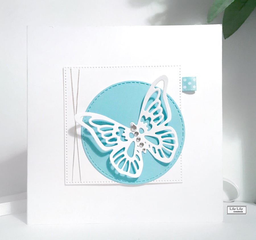 All Occasion Blank Card, Ice Blue Butterfly design