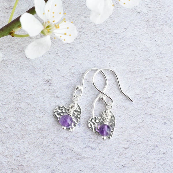 Amethyst and Fine Silver Heart Earrings