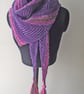 Asymmetrical Scarf, Wrap, Shawl, Purple, Pink, Green, Handspun Knitted, Merino  - Image 4
