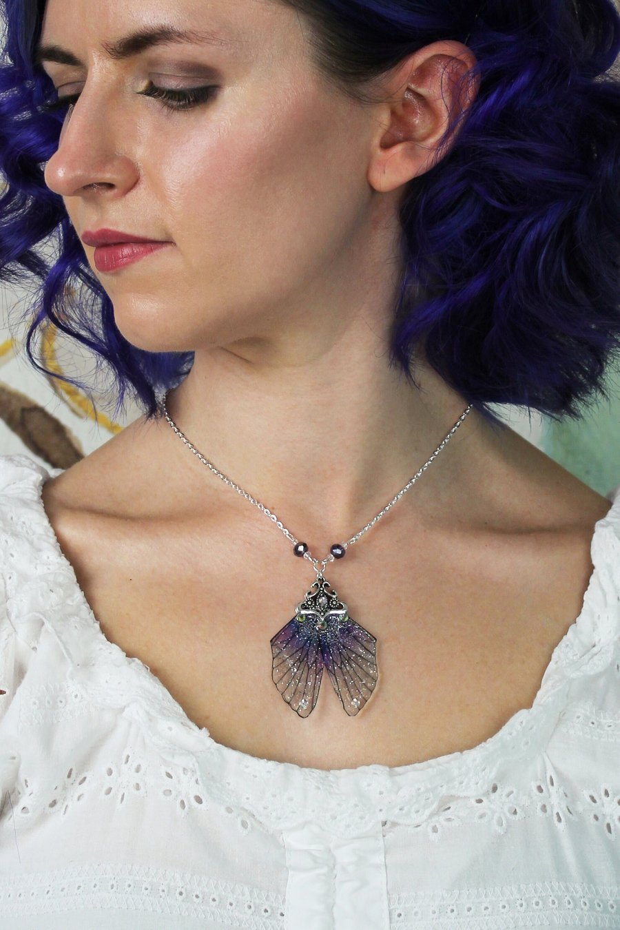 Fancy Deep Purple Blue Cicada Fairy Wing Butterfly Necklace Pendant Boho Bridal