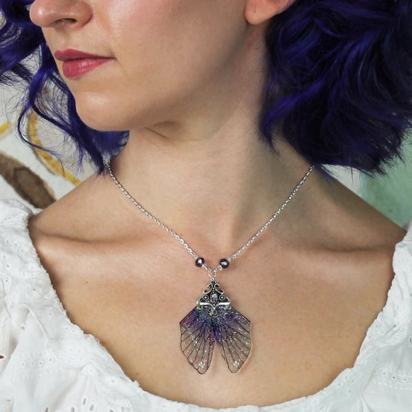 Fancy Deep Purple Blue Cicada Fairy Wing Butterfly Necklace Pendant Boho Bridal