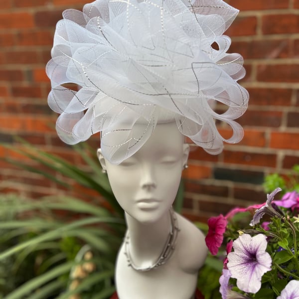White with Silver Thread Wedding Hat, Hat for the Races, hats special occasions 