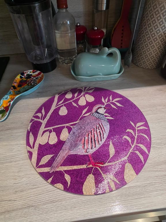 Partridge in a Pear Tree Round Glass Chopping Board