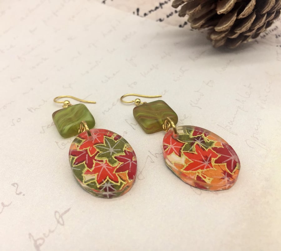Autumn leaves Japanese Washi Paper and acrylic oval earrings Maple leaf