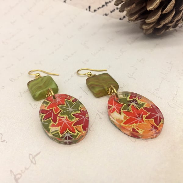 Autumn leaves Japanese Washi Paper and acrylic oval earrings Maple leaf