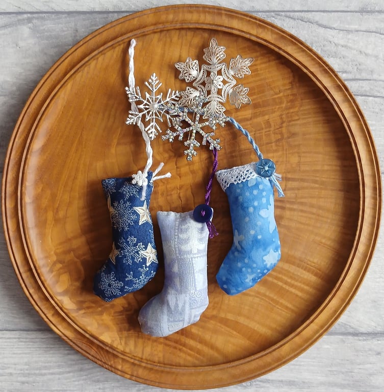 Scrapbox Stockings - Trio of mini stocking tree decorations, frosty blues
