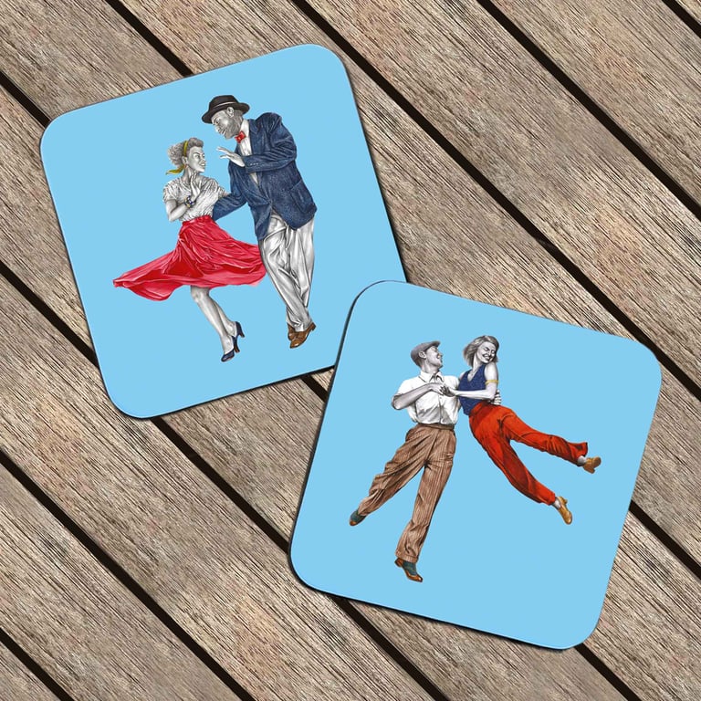 Lindy Hop Coaster Set - Pair of Colourful Coasters - High Five & Kick It Sister