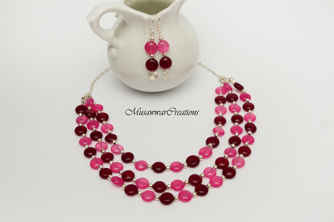 Handmade Multi-Strand Beaded Necklace and Earring Set, Burgundy and Fuchsia set