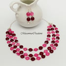 Handmade Multi-Strand Beaded Necklace and Earring Set, Burgundy and Fuchsia set