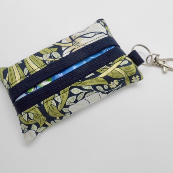 Key ring tissue tidy for tissues or hankie in William Morris fabric.