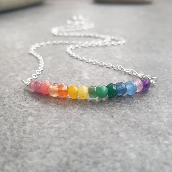 Rainbow tourmaline and silver necklace, Dainty colourful pendant