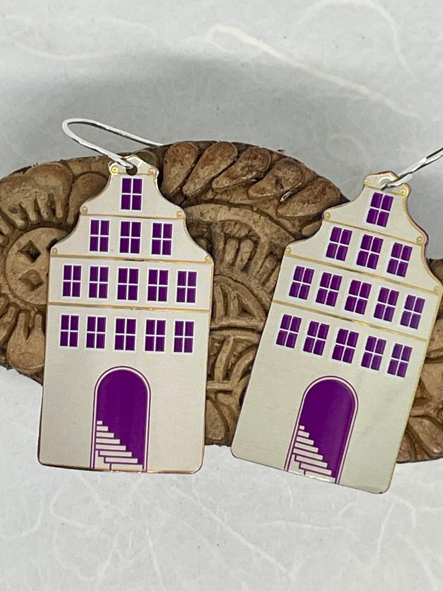 White Dutch Style House Recycled Tin Earrings with Silver