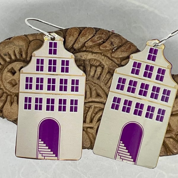 White Dutch Style House Recycled Tin Earrings with Silver