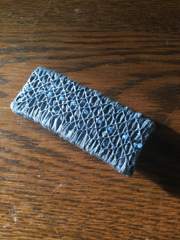 Hand Smocked and Beaded Grey Blue Silk Hair Clip, H6