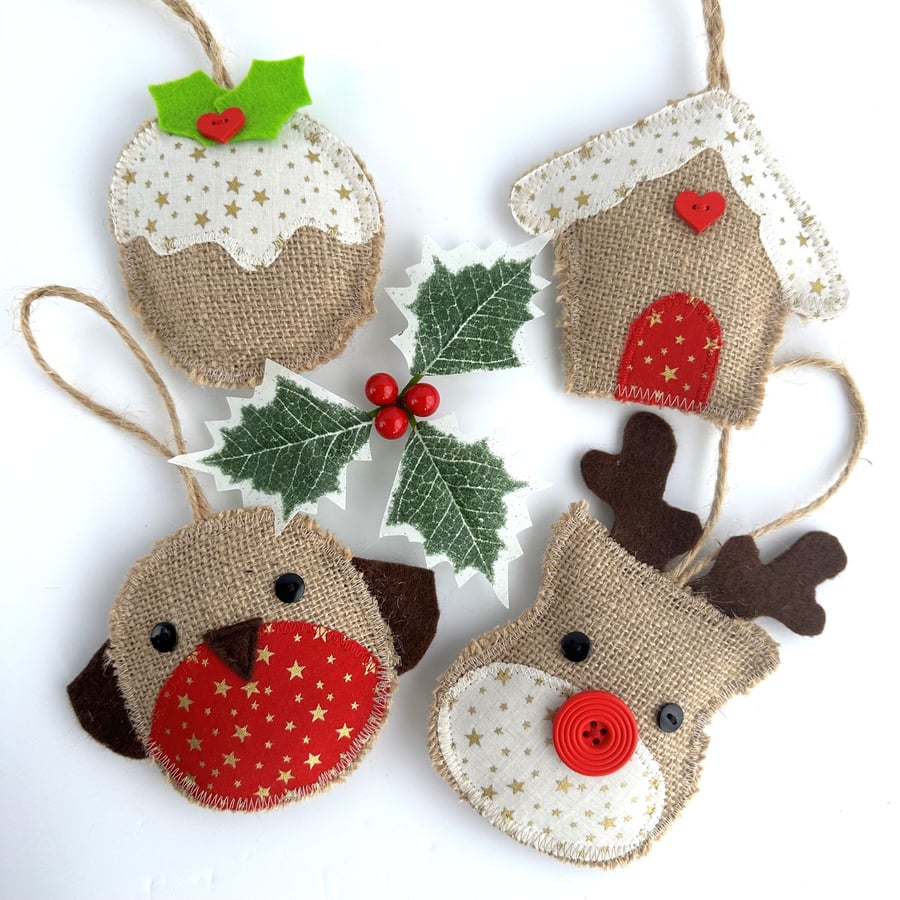 Set of 4 Rustic Hanging Christmas Decorations