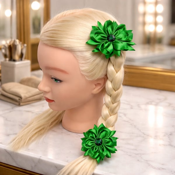 Forest Green Hair Slides with Rhinestone Centre - Elegant Satin Fabric Blooms