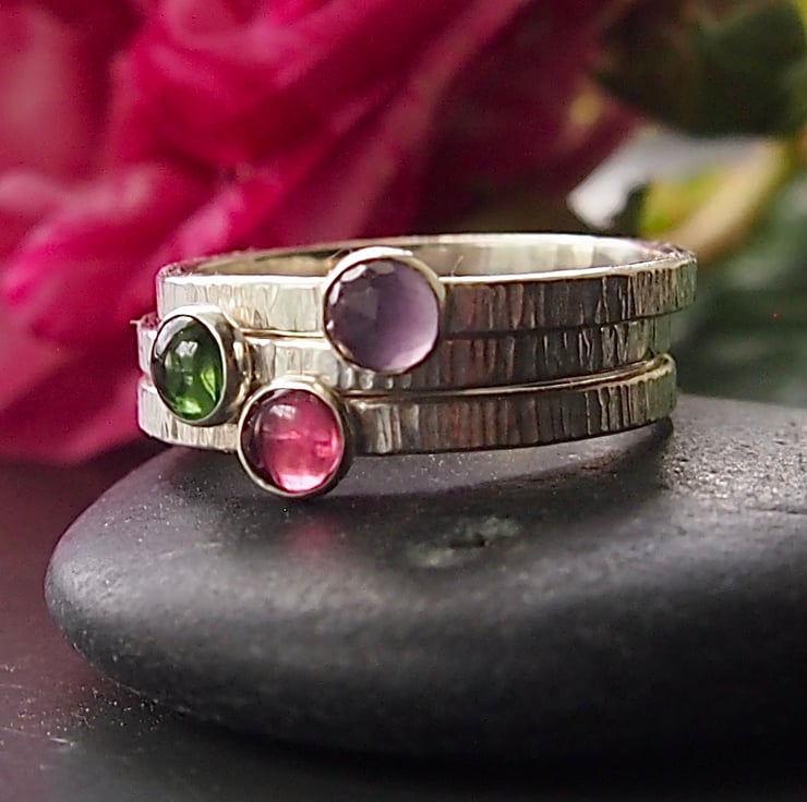 Rose Garden Trio of Sterling Silver Stacking R... - Folksy