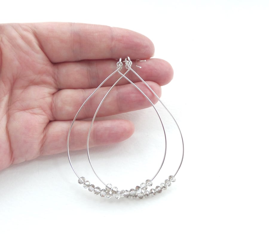 Sterling Silver Grey Crystal Earrings BIG Hoops on hooks