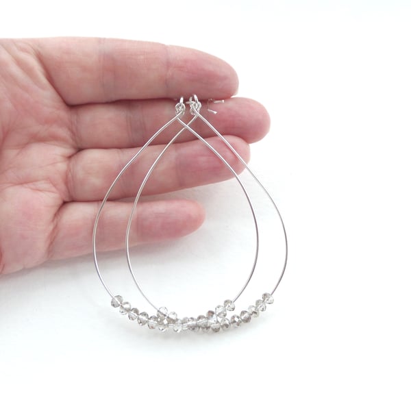 Sterling Silver Grey Crystal Earrings BIG Hoops on hooks