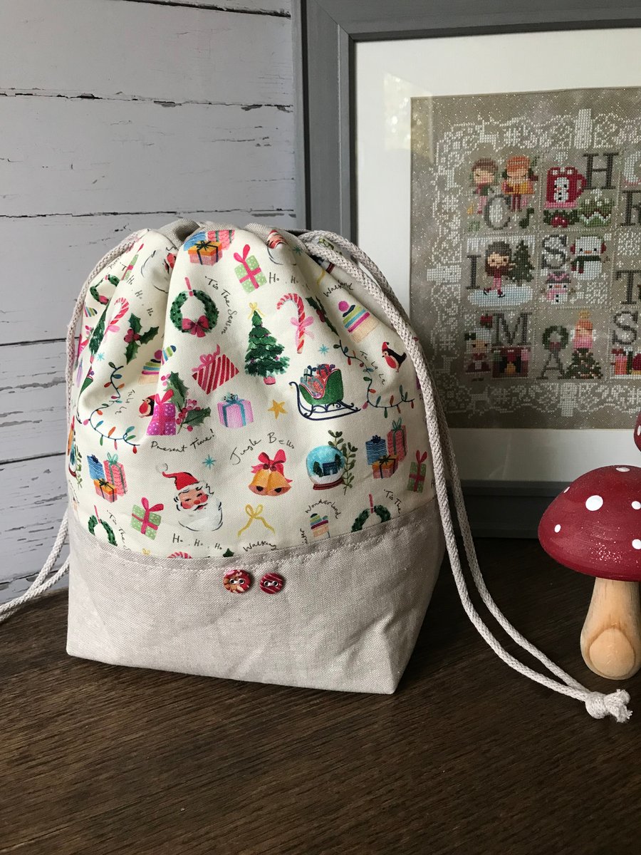 Festive drawstring project bag