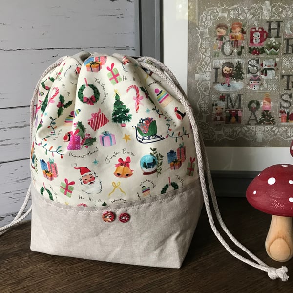 Festive drawstring project bag
