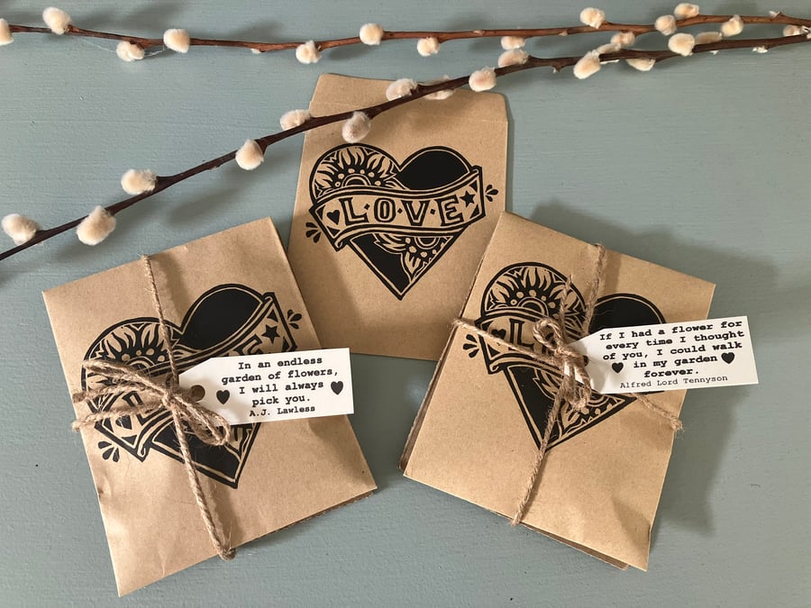 Hand Lino Printed ‘LOVE’ Heart Filled Seed Packet with Love Quote Tag 