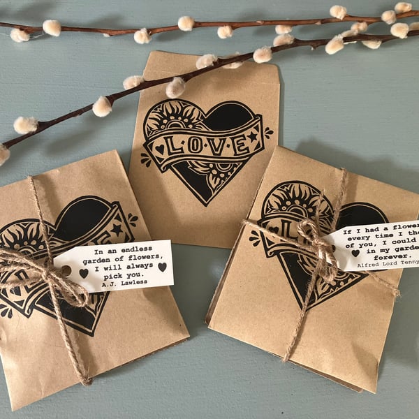 Hand Lino Printed ‘LOVE’ Heart Filled Seed Packet with Love Quote Tag 