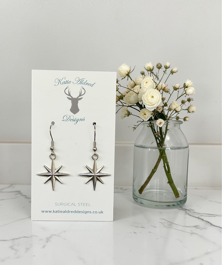 Charm Earrings - Silver 8-Point Star 