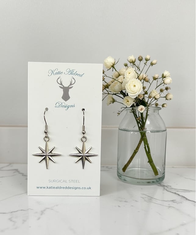 Charm Earrings - Silver 8-Point Star 