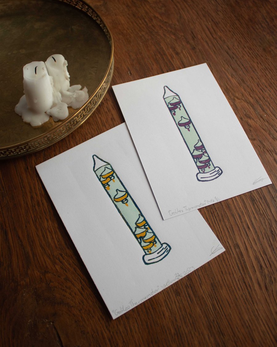 Galileo thermometer  A6 Lino print