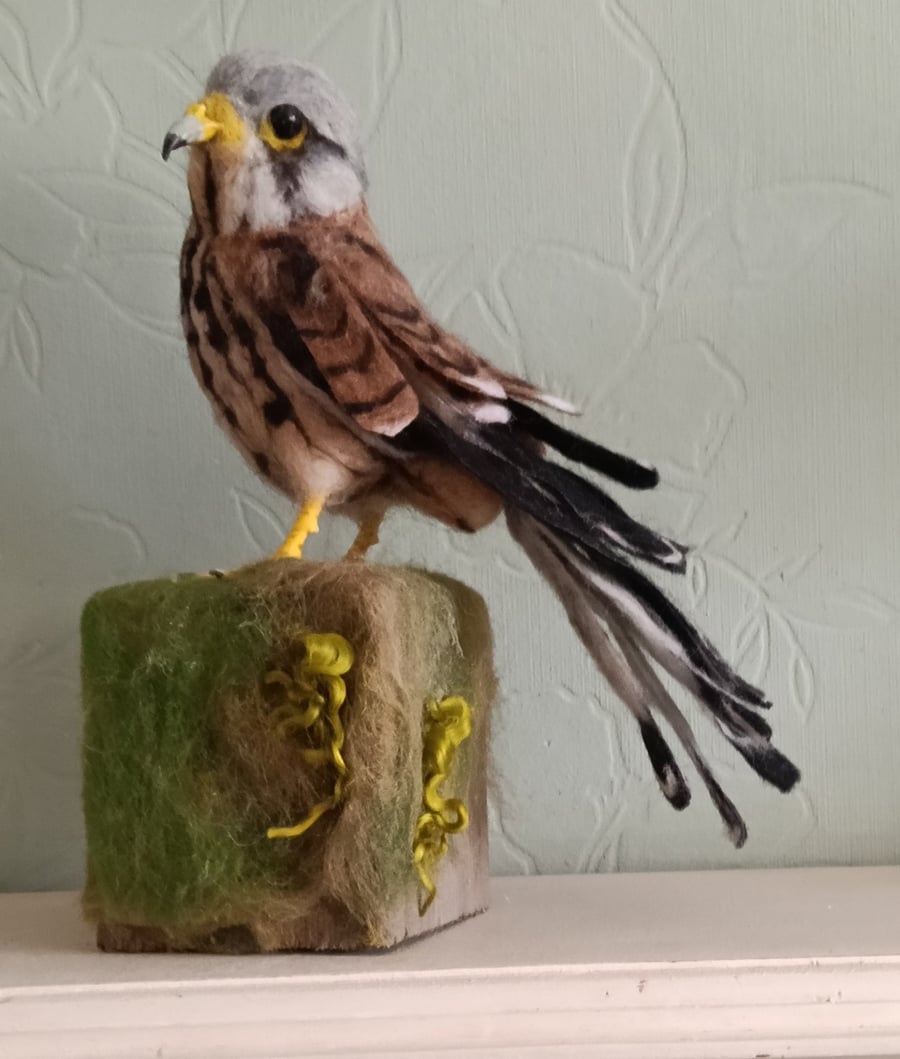 Needle felted male kestrel perked on stump