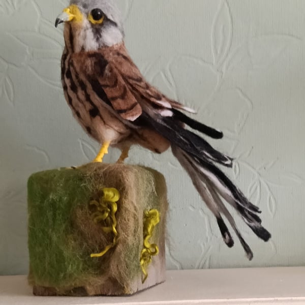Needle felted male kestrel perked on stump
