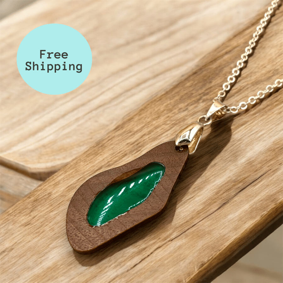 Handcrafted Green & Walnut Pendant - Unique Abstract Lightweight Accessory