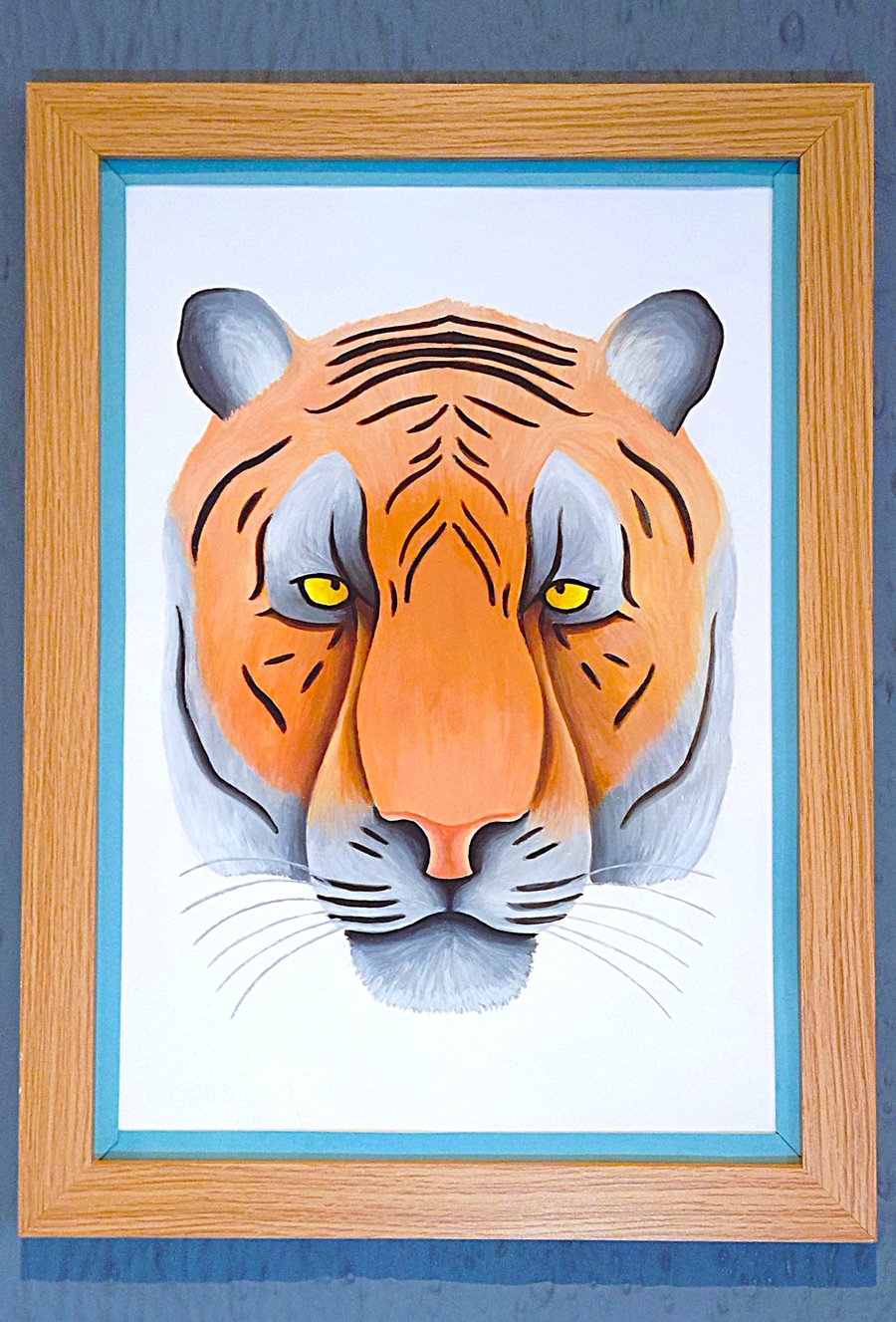 Handmade Unique Framed A3 Print Colourful Tiger Head Sky Blue Border Wallart