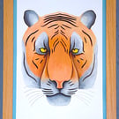Handmade Unique Framed A3 Print Colourful Tiger Head Sky Blue Border Wallart