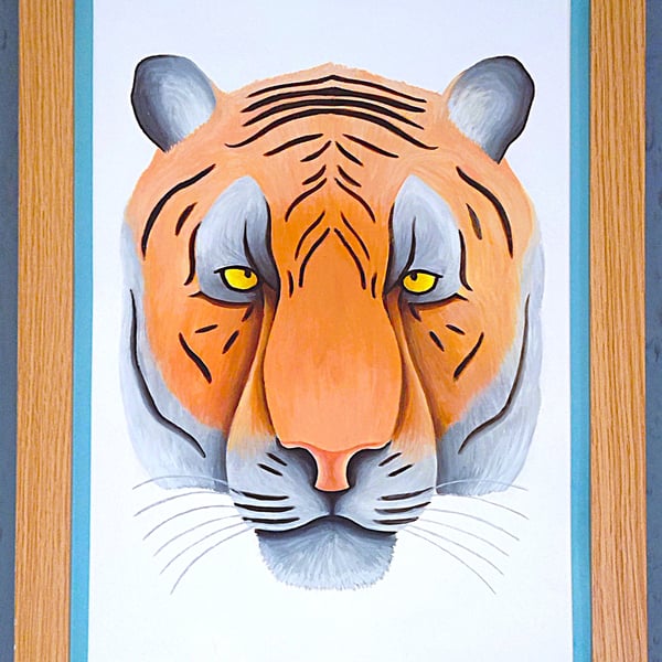 Handmade Unique Framed A3 Print Colourful Tiger Head Sky Blue Border Wallart