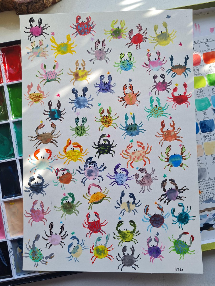 Hand painted watercolour colourful Crab and stars art