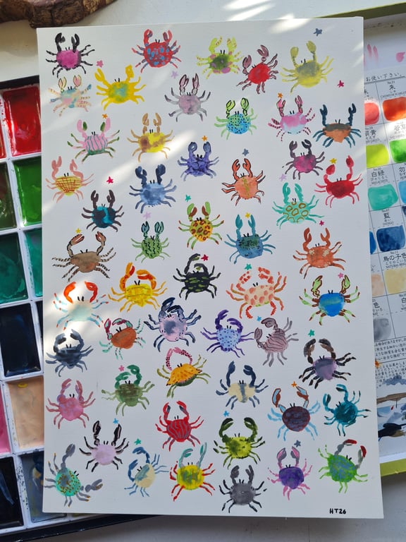 Hand painted watercolour colourful Crab and stars art