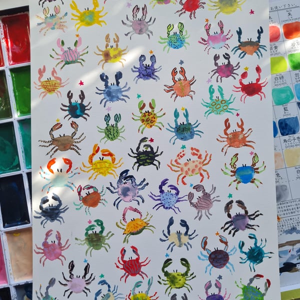 Hand painted watercolour colourful Crab and stars art