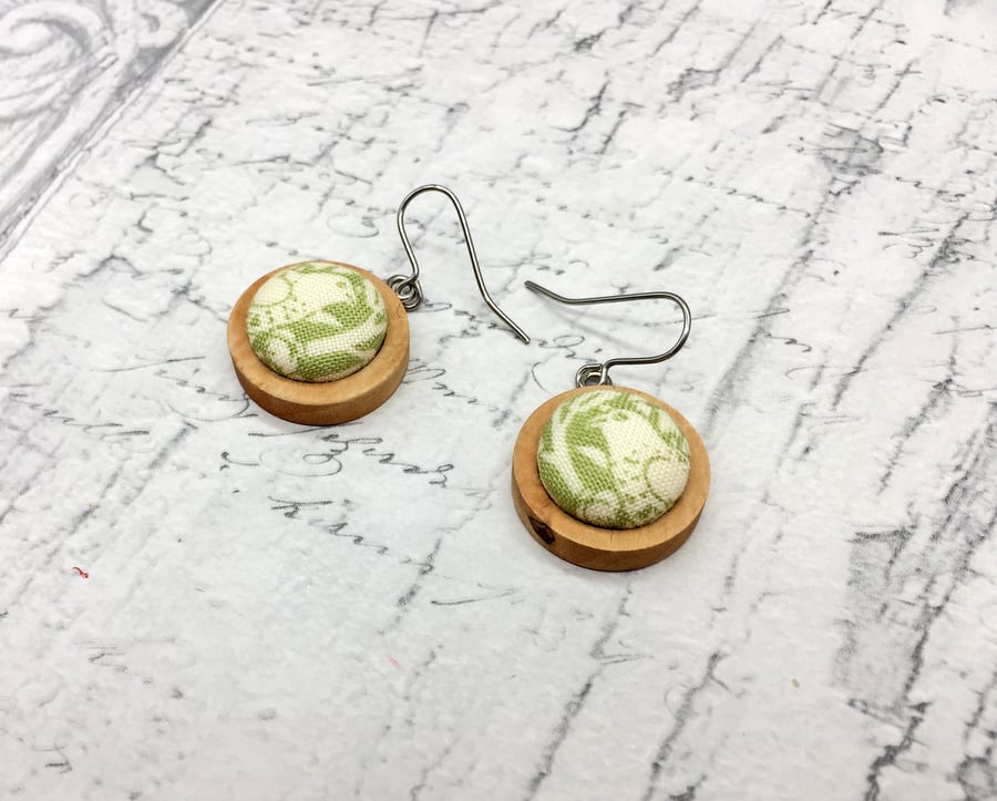 Pair of Birds in pale green William Morris print fabric button wood earrings