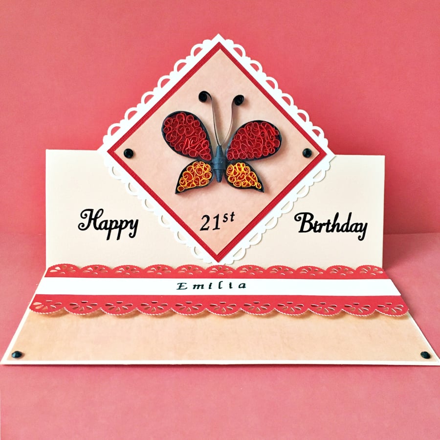 Quilled birthday easel card - butterfly - personalised