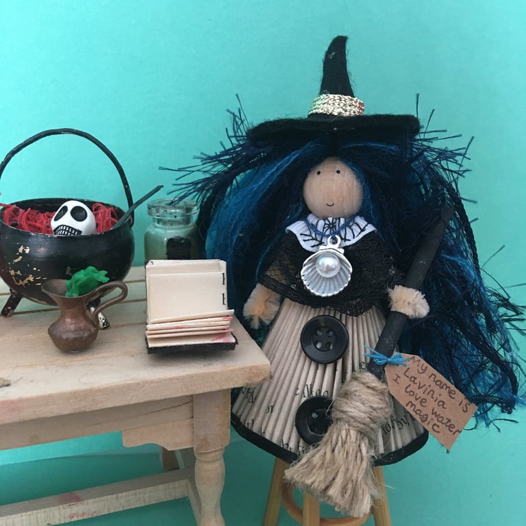 Blue And Black Witch Doll Decoration, Halloween Ornament